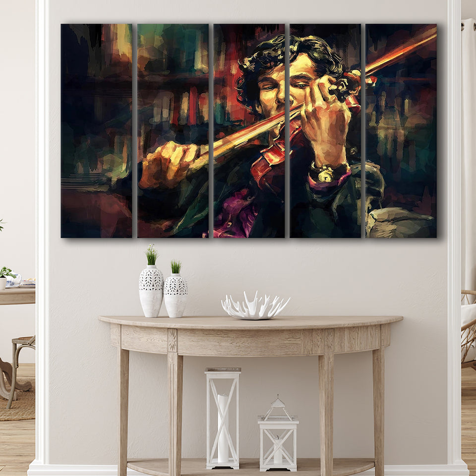 Man Play Violinist Art Music Room Art 5 Piece B Canvas Prints Wall Art, Multi Panels,Large Canvas