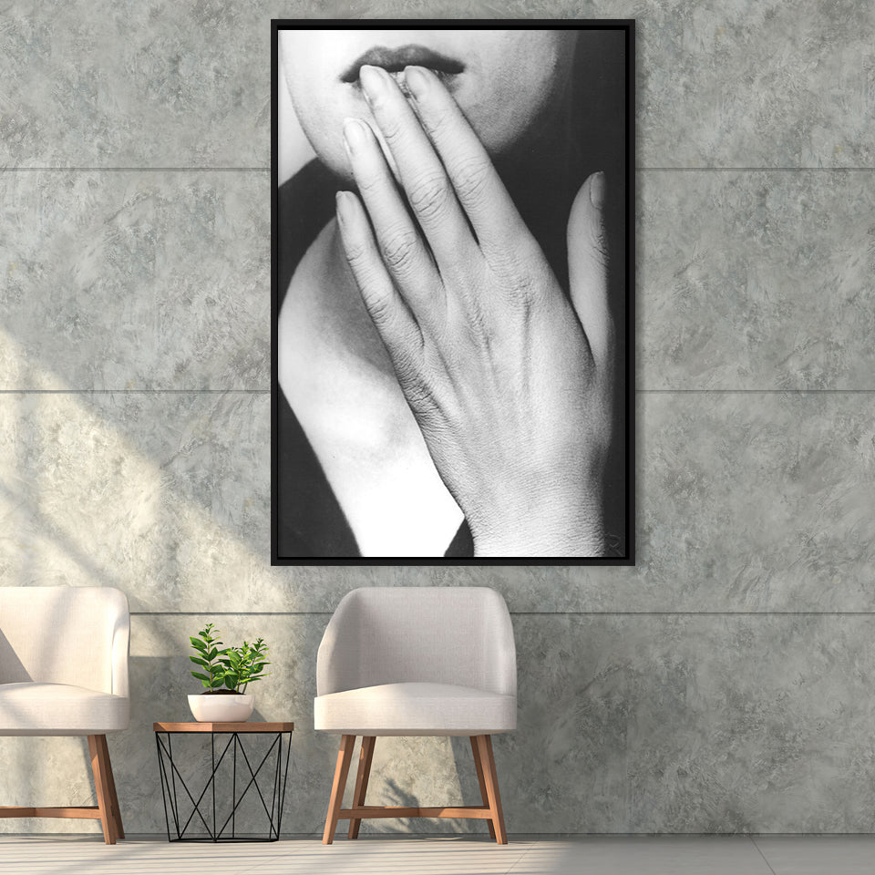 Man Ray Hands On Lips Black And White Print, Surrealist Photography Framed Canvas Prints Wall Art Home Decor, Floating Frame