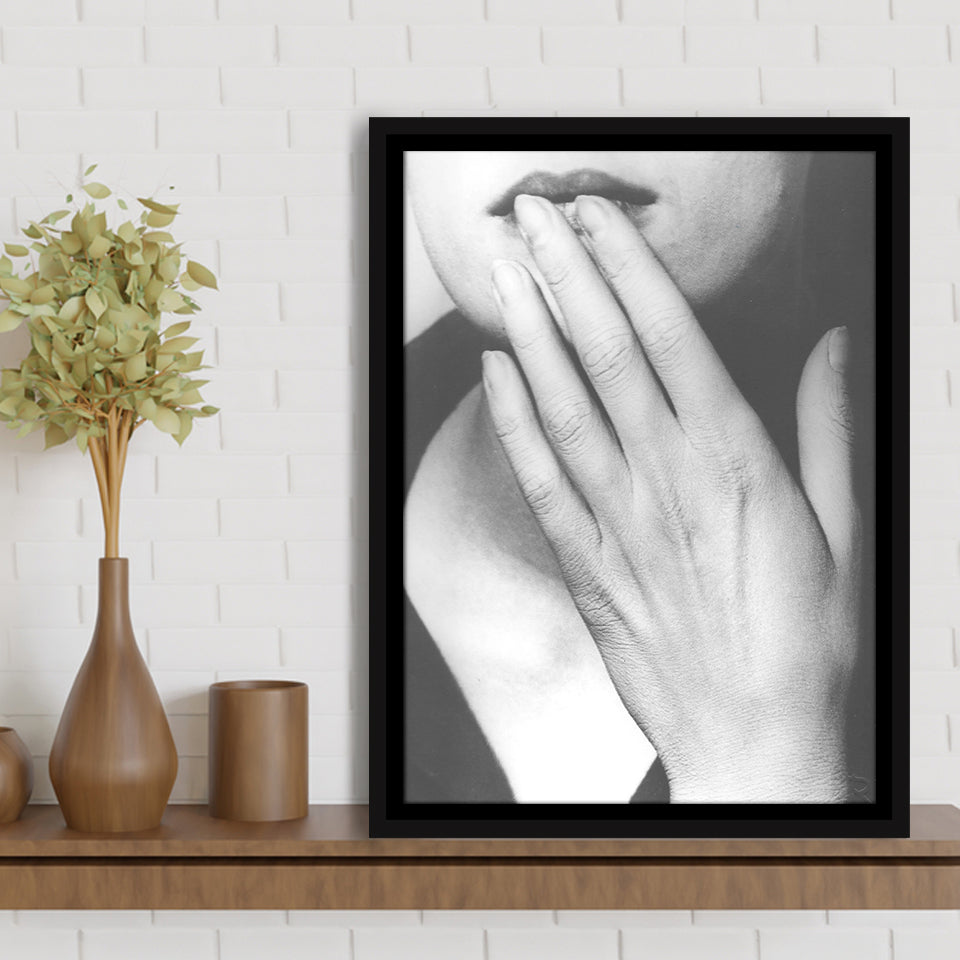 Man Ray Hands On Lips Black And White Print, Surrealist Photography Framed Canvas Prints Wall Art Home Decor, Floating Frame