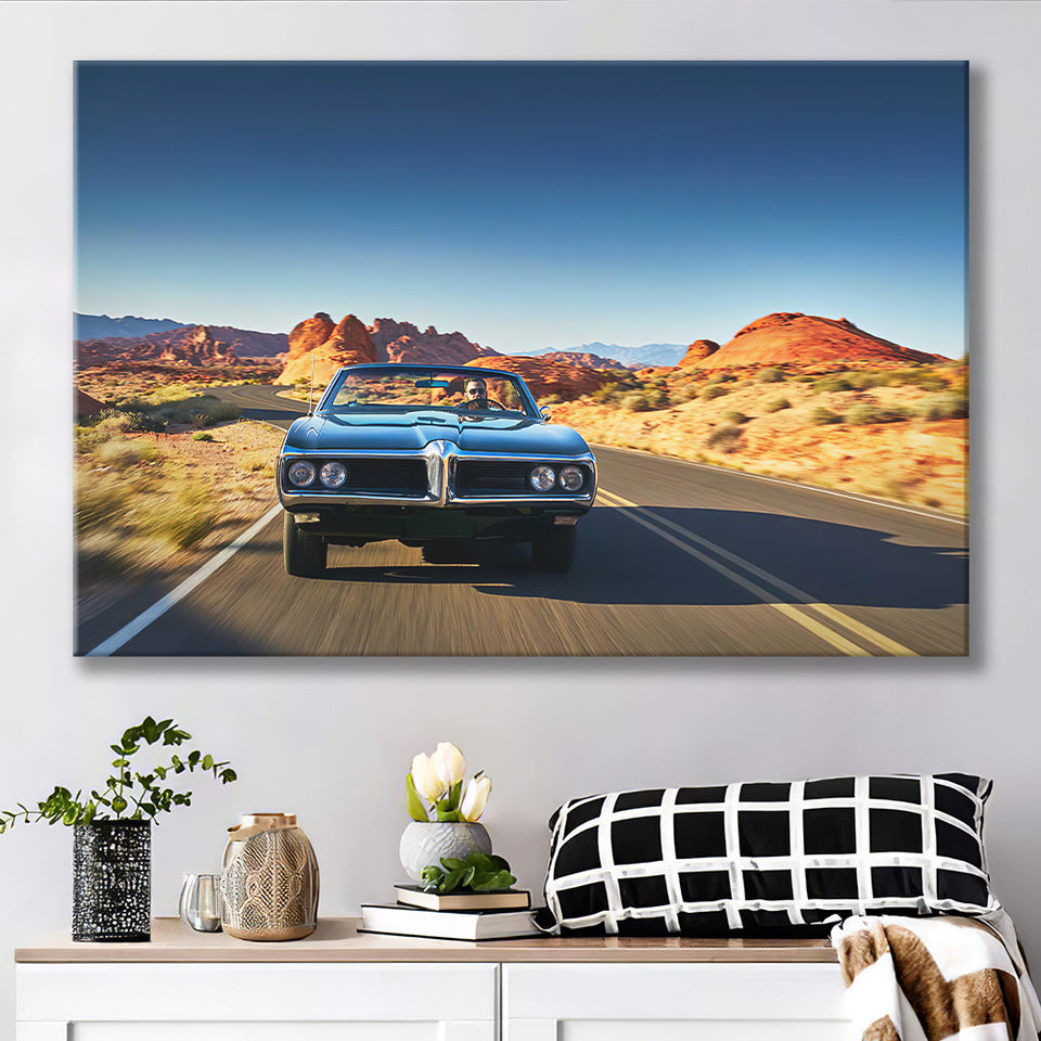 Man driving vintage car through desert Canvas Prints Wall Art - Painting Canvas, Wall Decor, Home Decor, Prints for Sale