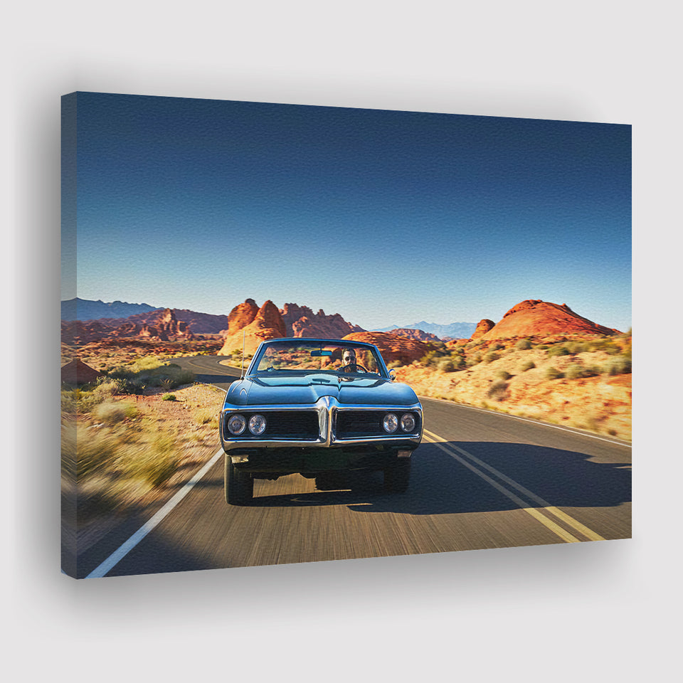 Man driving vintage car through desert Canvas Prints Wall Art - Painting Canvas, Wall Decor, Home Decor, Prints for Sale