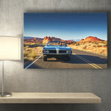 Man driving vintage car through desert Canvas Prints Wall Art - Painting Canvas, Wall Decor, Home Decor, Prints for Sale