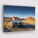 Man driving vintage car through desert Canvas Prints Wall Art - Painting Canvas, Wall Decor, Home Decor, Prints for Sale