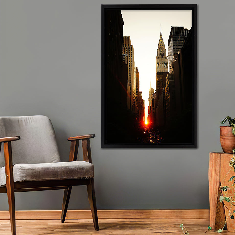 Manhattanhenge Sunset And The Chrysler Building Framed Canvas Wall Art - Framed Prints, Prints for Sale, Canvas Painting