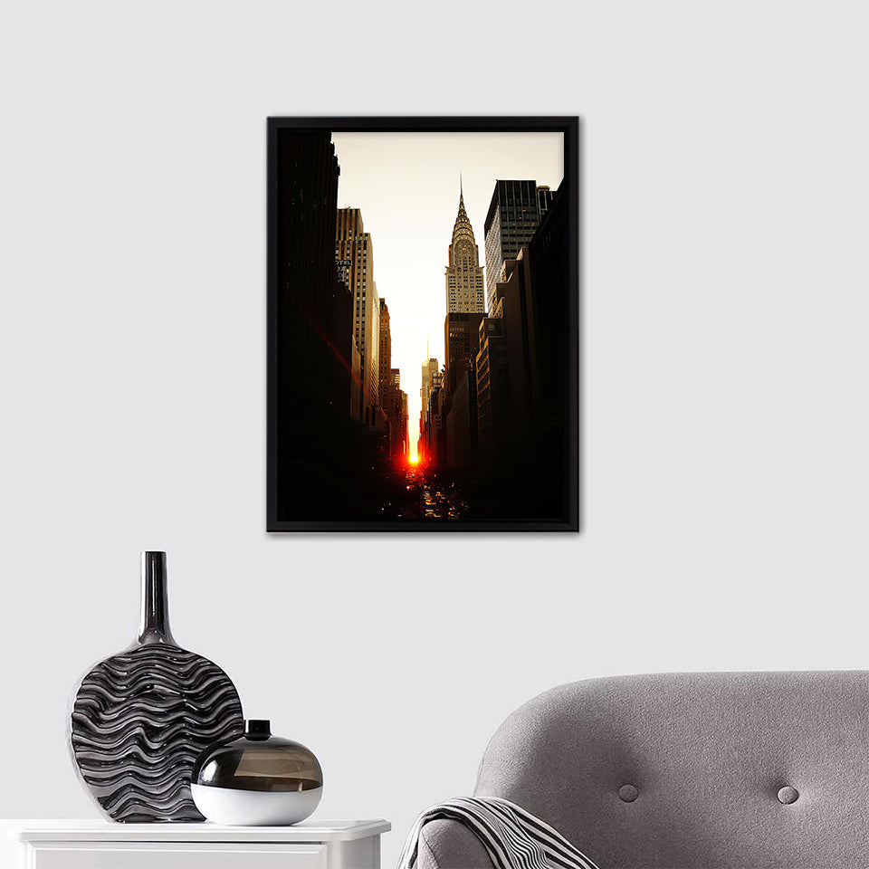 Manhattanhenge Sunset And The Chrysler Building Framed Canvas Wall Art - Framed Prints, Prints for Sale, Canvas Painting
