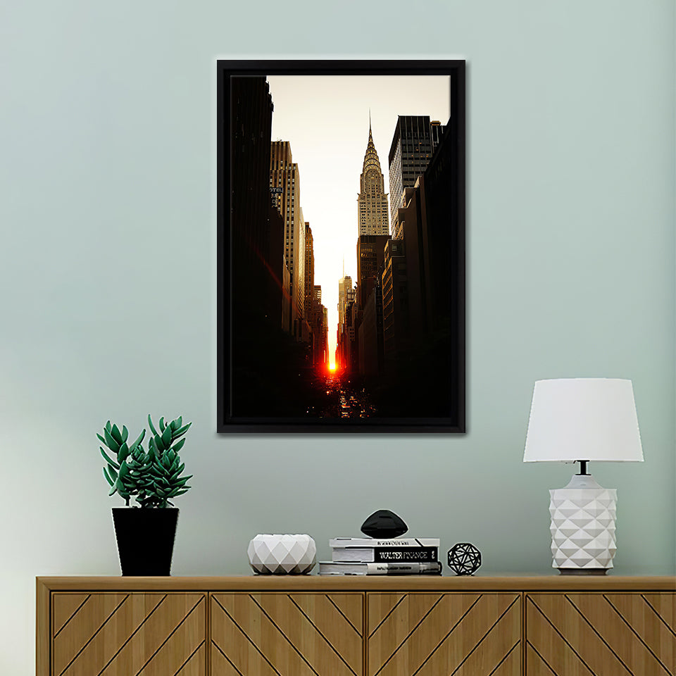 Manhattanhenge Sunset And The Chrysler Building Framed Canvas Wall Art - Framed Prints, Prints for Sale, Canvas Painting