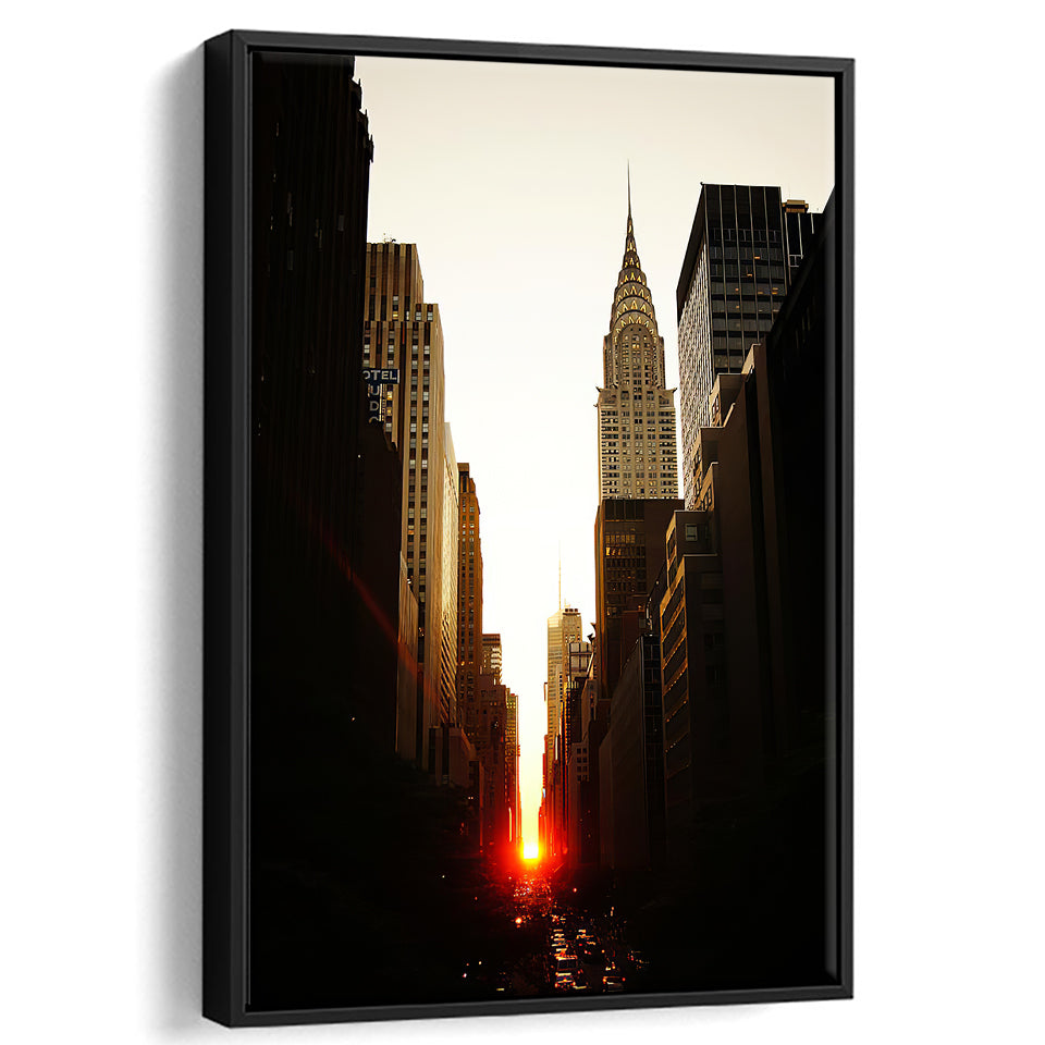 Manhattanhenge Sunset And The Chrysler Building Framed Canvas Wall Art - Framed Prints, Prints for Sale, Canvas Painting