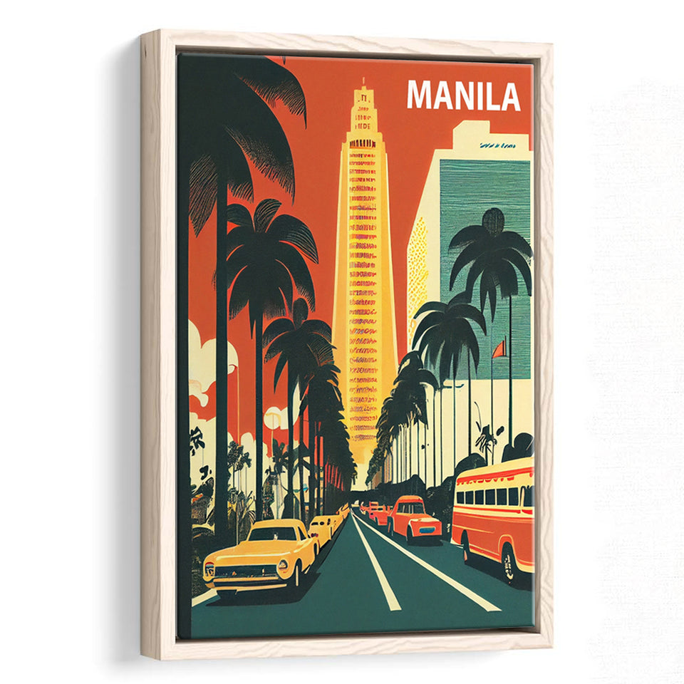 Manila Retro Art Print, Large Canvas, Framed Canvas Print Wall Art Home Decor, Floating Frame