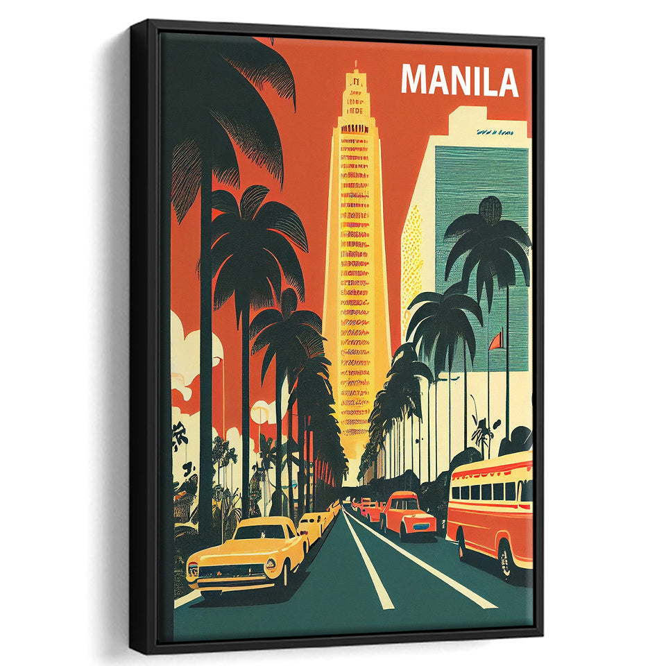 Manila Retro Art Print, Large Canvas, Framed Canvas Print Wall Art Home Decor, Floating Frame