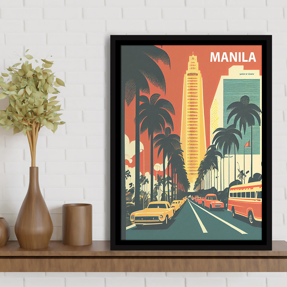 Manila Retro Art Print, Large Canvas, Framed Canvas Print Wall Art Home Decor, Floating Frame