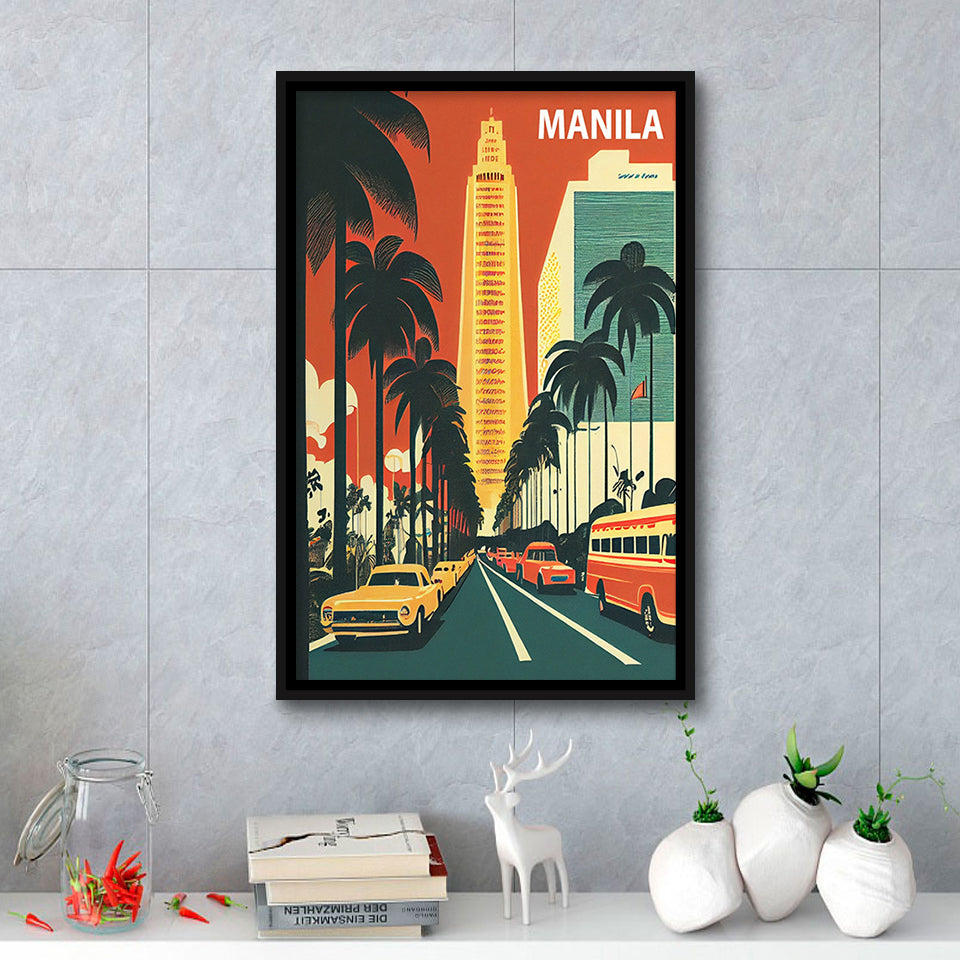 Manila Retro Art Print, Large Canvas, Framed Canvas Print Wall Art Home Decor, Floating Frame