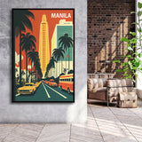 Manila Retro Art Print, Large Canvas, Framed Canvas Print Wall Art Home Decor, Floating Frame