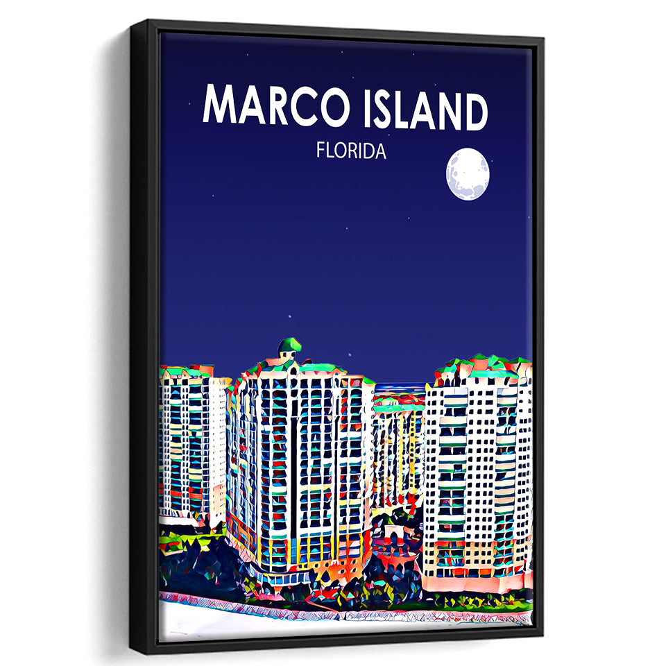 Marco Island Art Florida Night Landscape, Large Canvas, Framed Canvas Print Wall Art Home Decor, Floating Frame