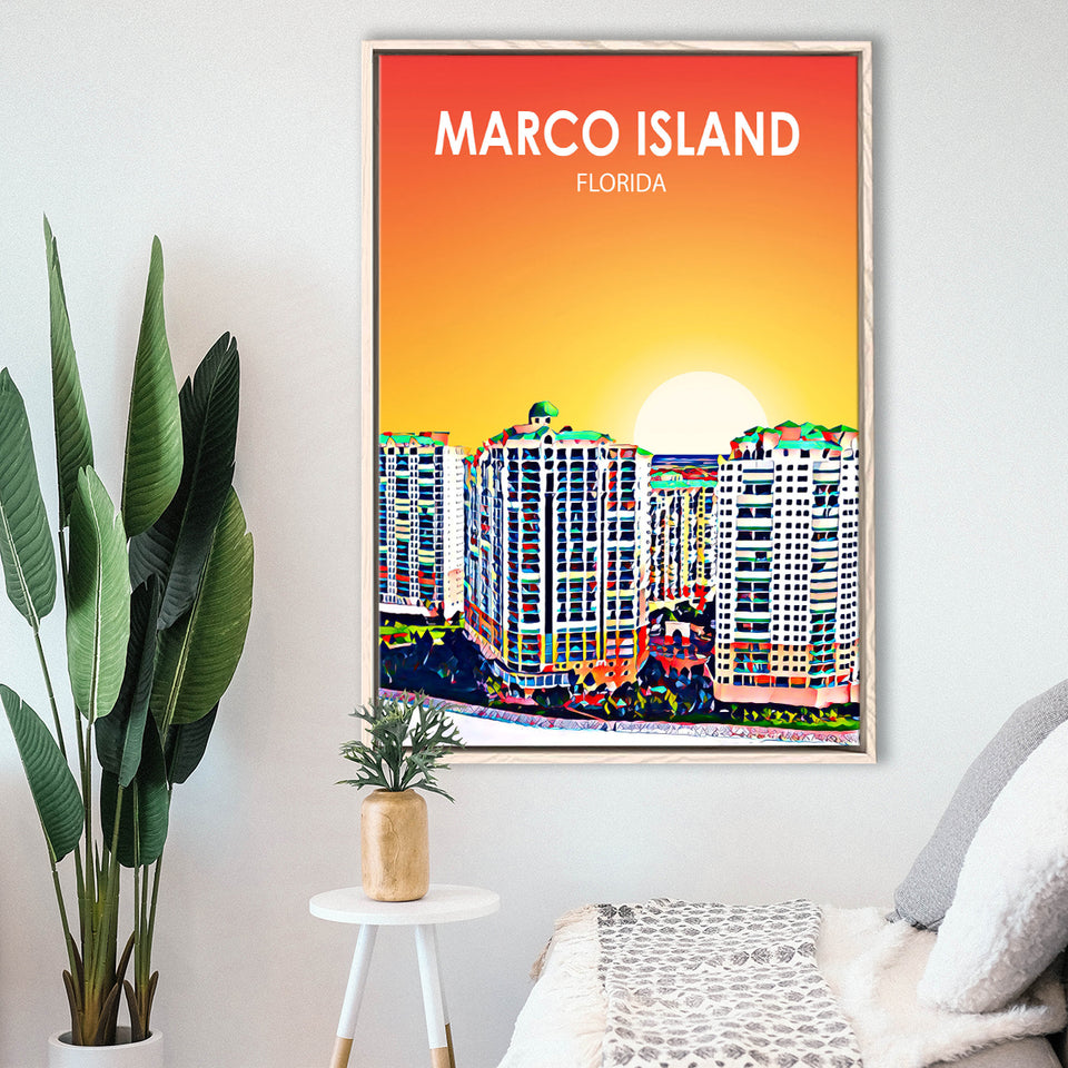 Marco Island Art Florida Sunset Landscape, Large Canvas, Framed Canvas Print Wall Art Home Decor, Floating Frame