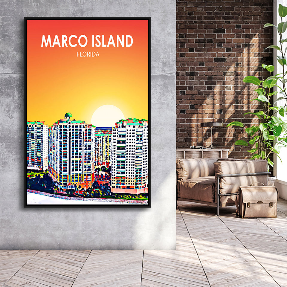 Marco Island Art Florida Sunset Landscape, Large Canvas, Framed Canvas Print Wall Art Home Decor, Floating Frame