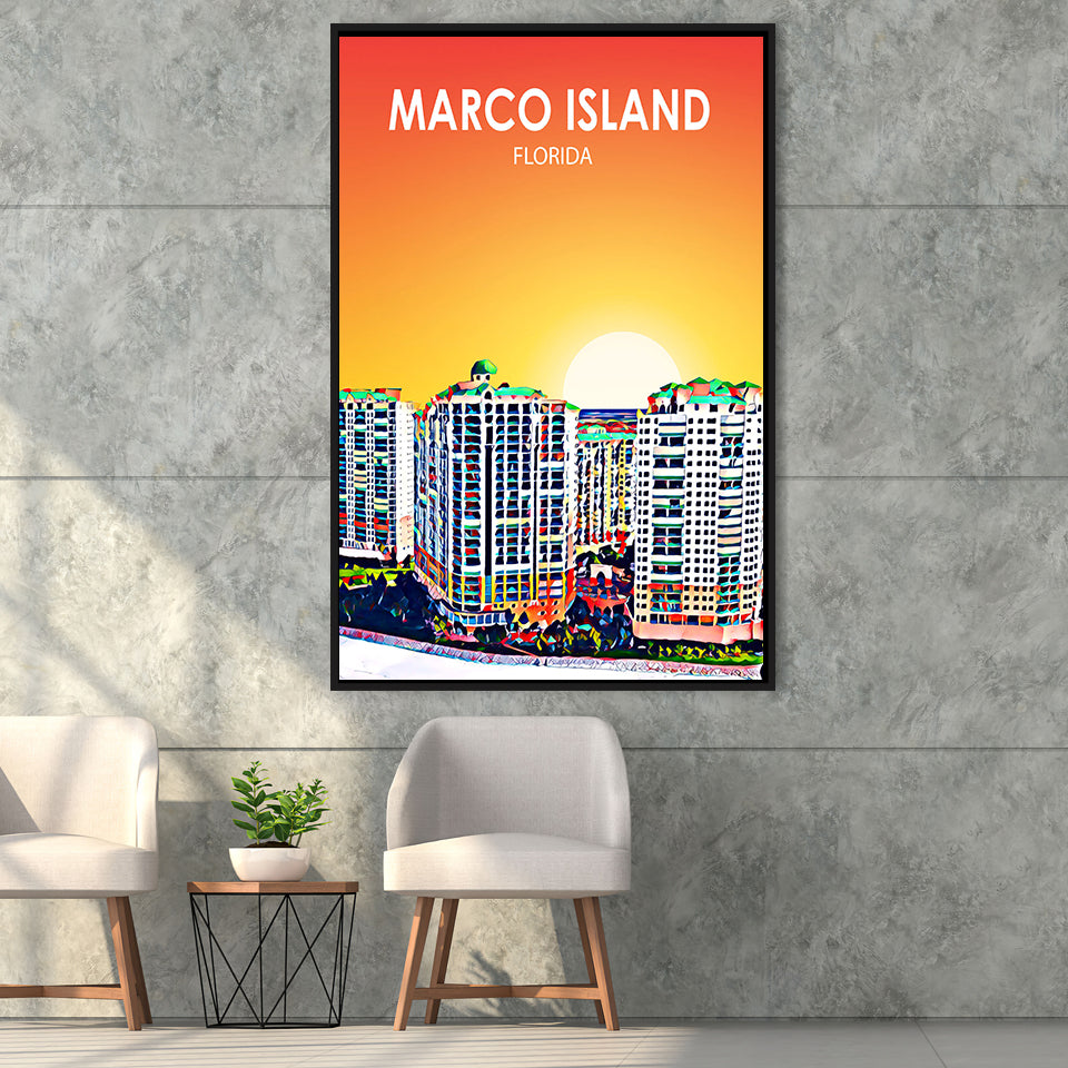Marco Island Art Florida Sunset Landscape, Large Canvas, Framed Canvas Print Wall Art Home Decor, Floating Frame