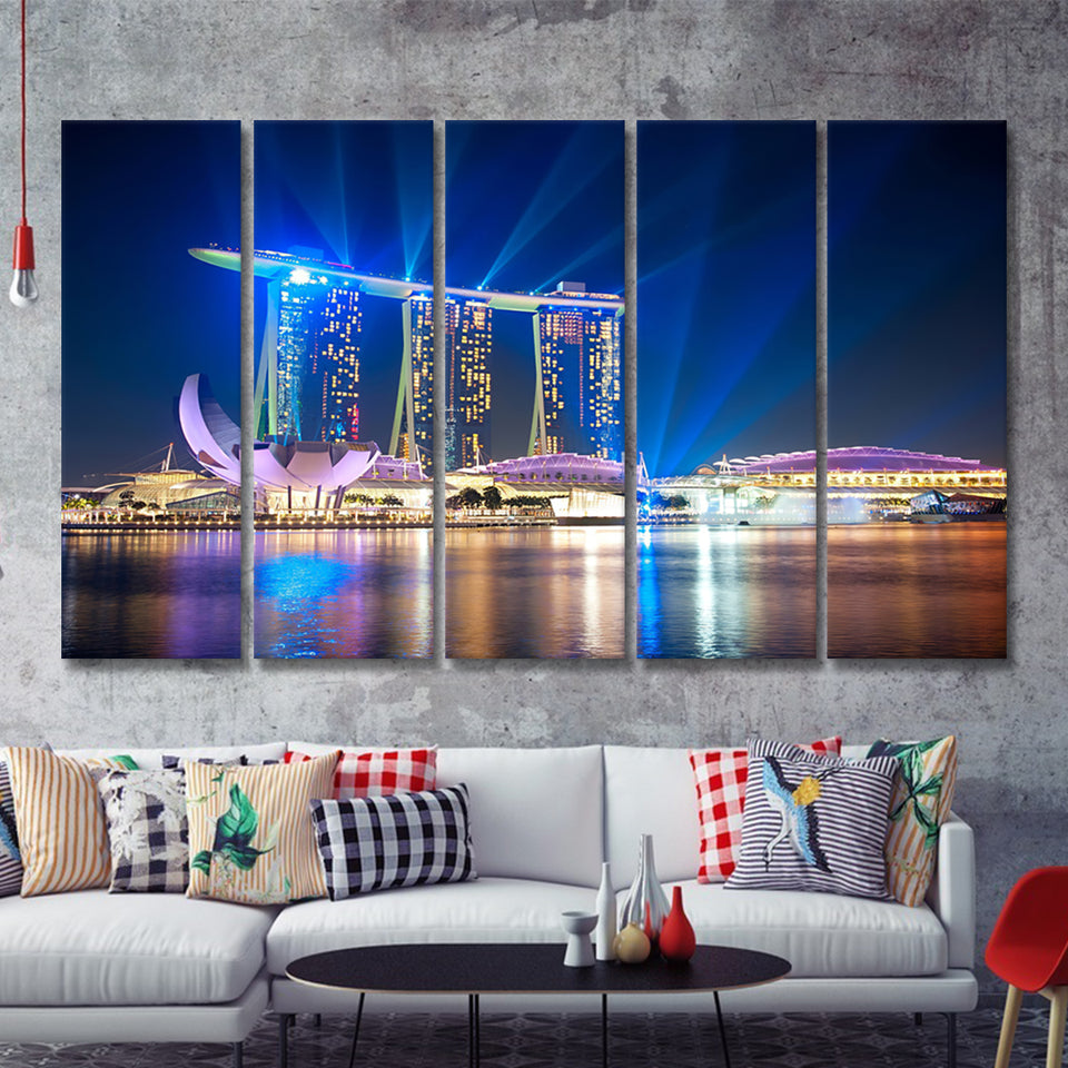 Marina Bay Sands Resort at night 5 Pieces Canvas Prints Wall Art - Painting Canvas, Multi Panels, Wall Decor
