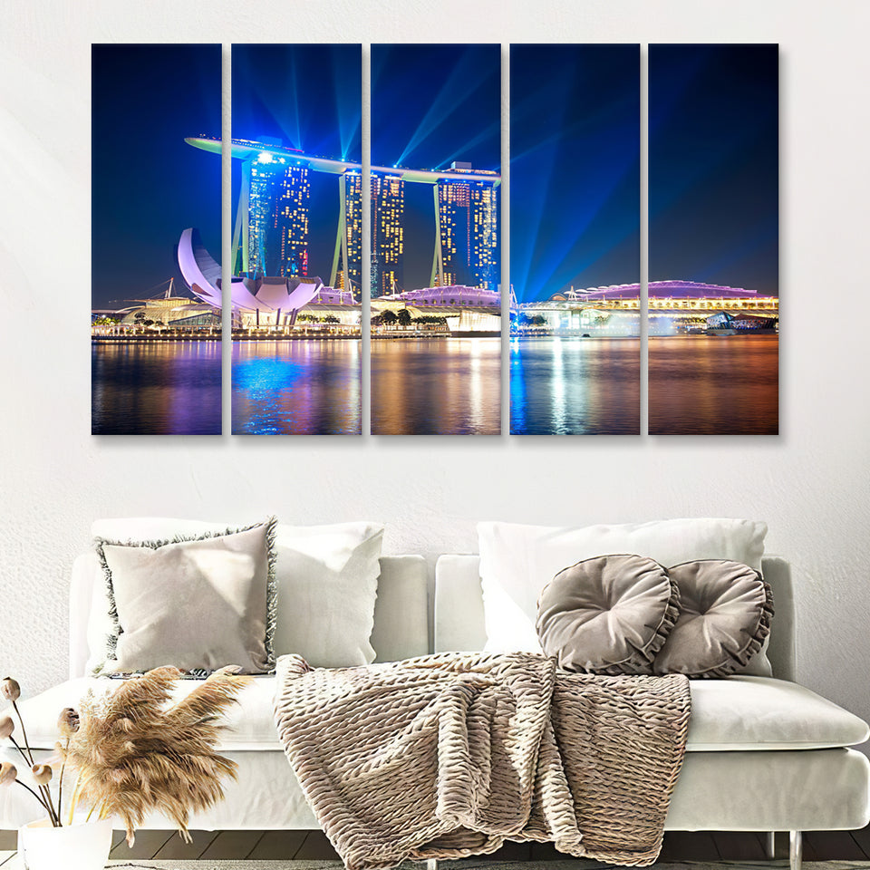 Marina Bay Sands Resort at night 5 Pieces Canvas Prints Wall Art - Painting Canvas, Multi Panels, Wall Decor
