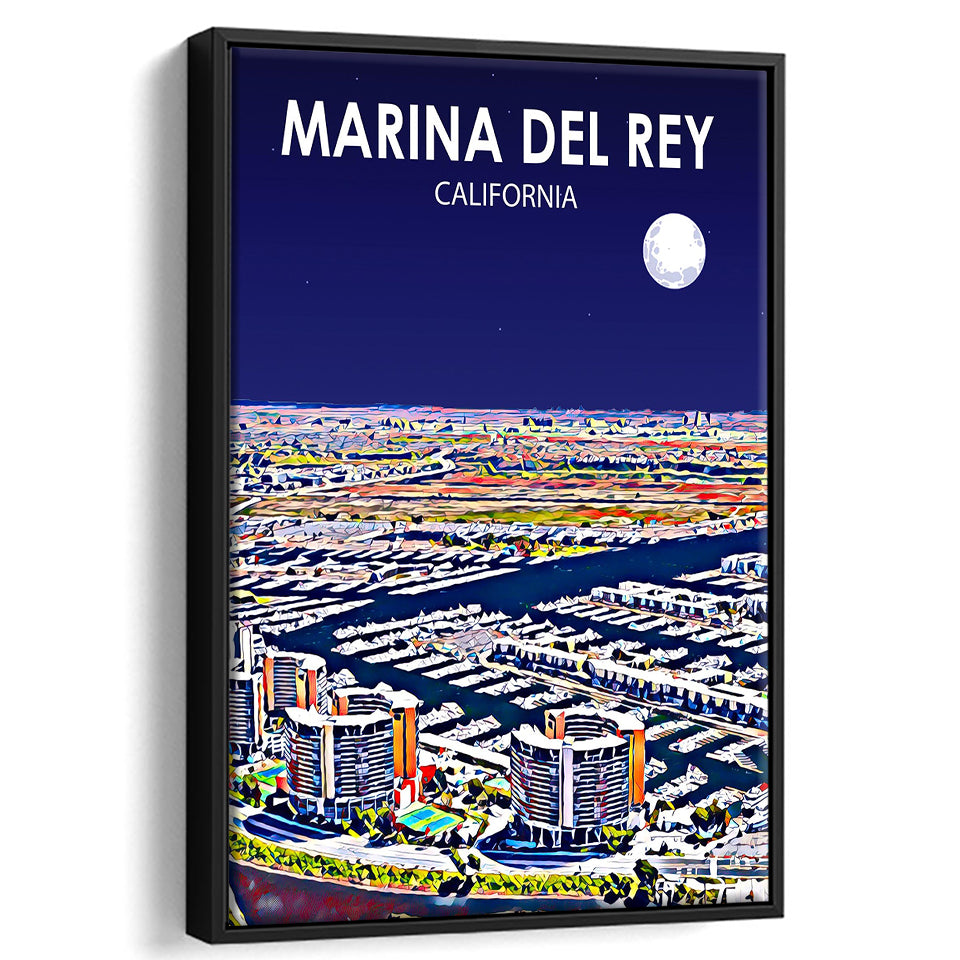 Marina Del Rey California Night Landscape, Large Canvas, Framed Canvas Print Wall Art Home Decor, Floating Frame