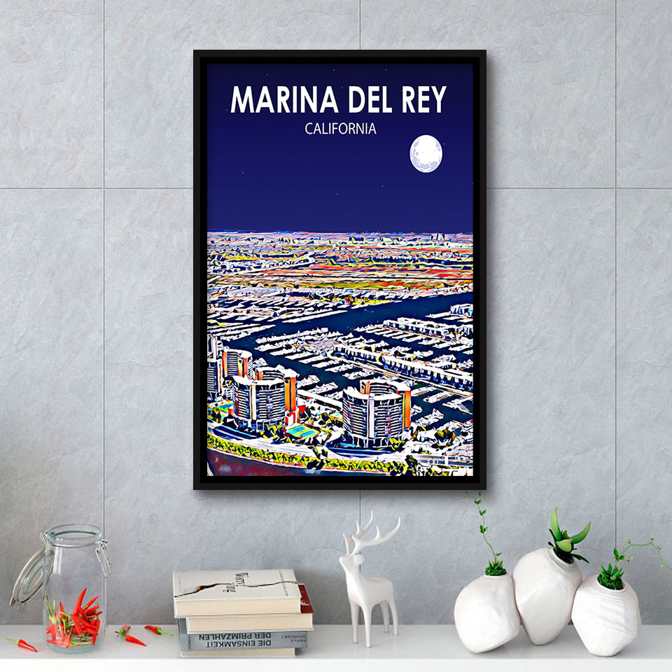 Marina Del Rey California Night Landscape, Large Canvas, Framed Canvas Print Wall Art Home Decor, Floating Frame