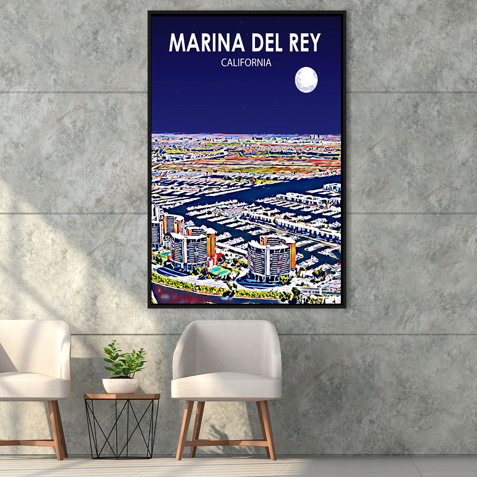 Marina Del Rey California Night Landscape, Large Canvas, Framed Canvas Print Wall Art Home Decor, Floating Frame