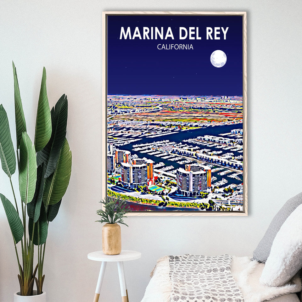 Marina Del Rey California Night Landscape, Large Canvas, Framed Canvas Print Wall Art Home Decor, Floating Frame