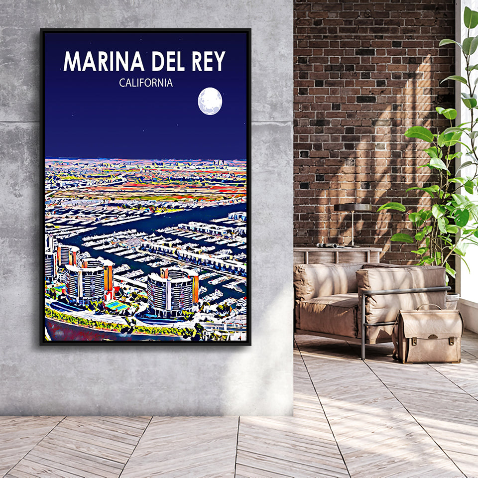 Marina Del Rey California Night Landscape, Large Canvas, Framed Canvas Print Wall Art Home Decor, Floating Frame