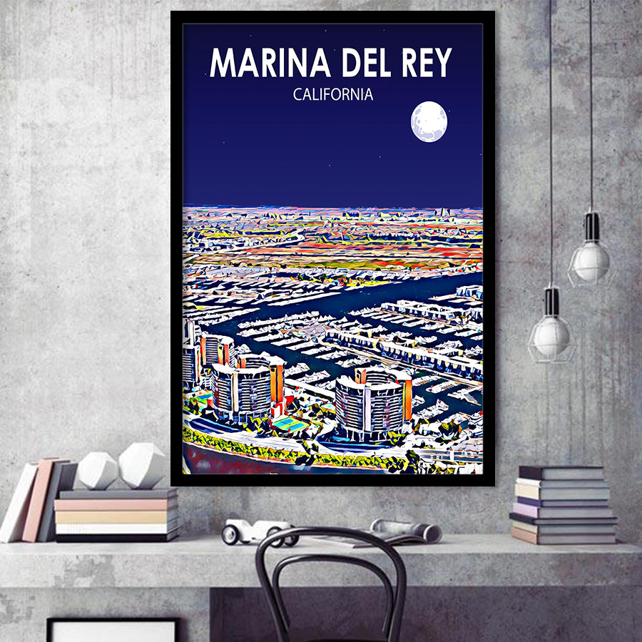 Marina Del Rey California Night Landscape, City Art Print, Framed Art Print Wall Art Home Decor, Framed Picture