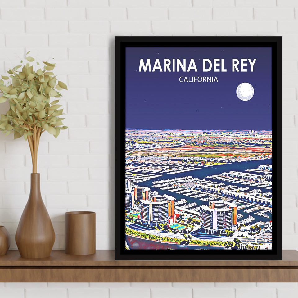 Marina Del Rey California Night Landscape, Large Canvas, Framed Canvas Print Wall Art Home Decor, Floating Frame