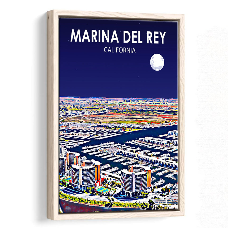 Marina Del Rey California Night Landscape, Large Canvas, Framed Canvas Print Wall Art Home Decor, Floating Frame