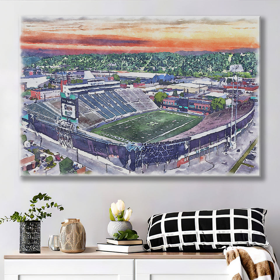 Marshall Thundering Herd Joan C Edwards Stadium Watercolor, Sport Art Prints Fan Gift, Canvas Prints Wall Art Decor