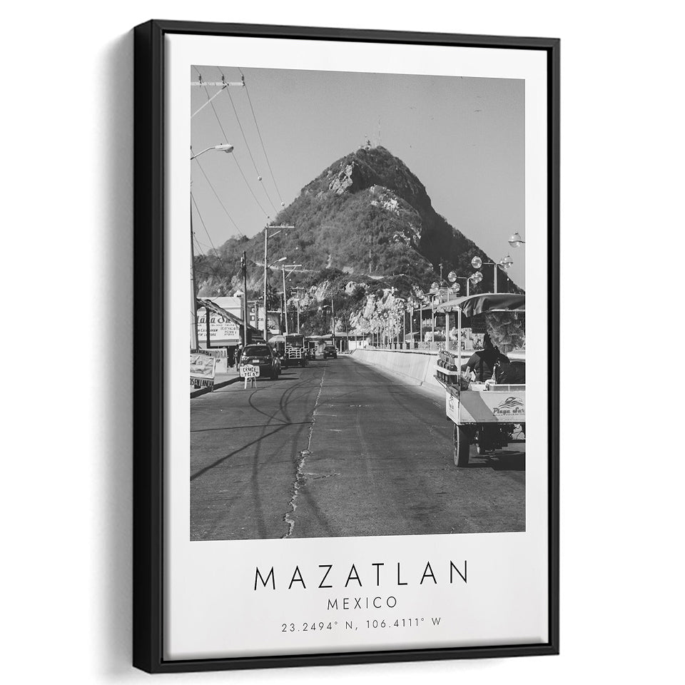 Mazatlan Mexico Black And White Art Framed Canvas Prints Wall Art Home Decor, Floating Frame