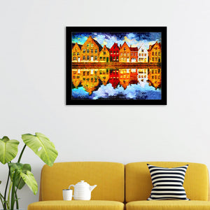 Medieval Brugge Houses Reflected In Water Framed Wall Art - Framed Prints, Art Prints, Print for Sale, Painting Prints