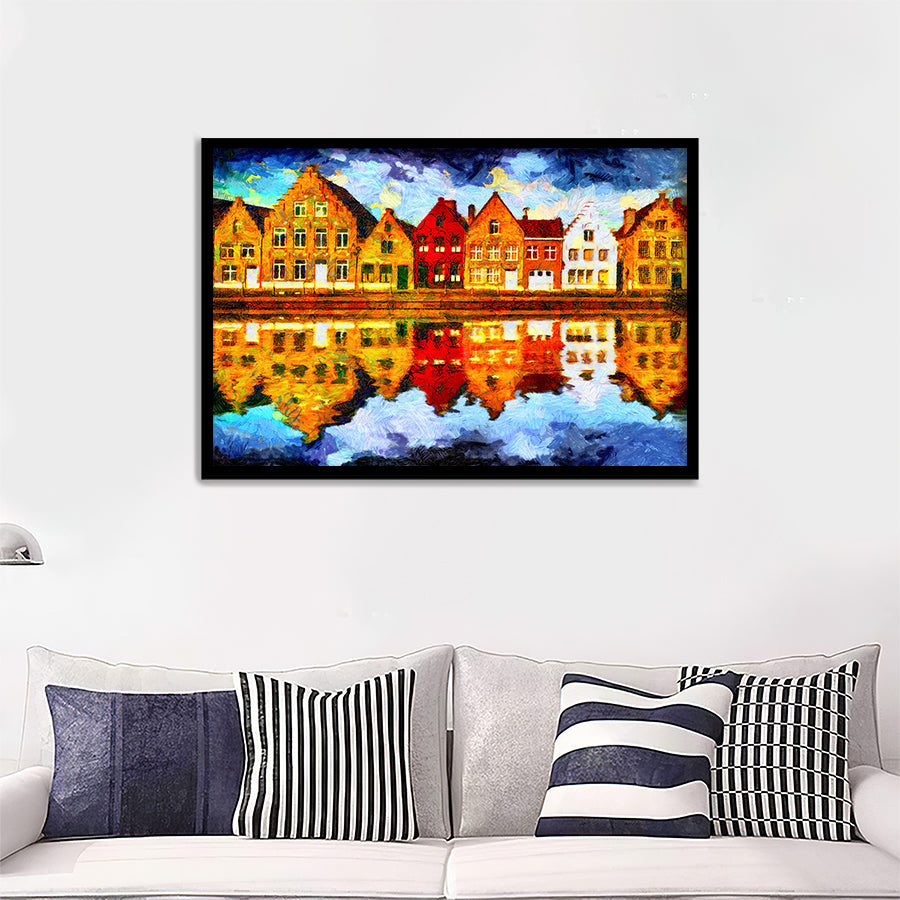Medieval Brugge Houses Reflected In Water Framed Wall Art - Framed Prints, Art Prints, Print for Sale, Painting Prints
