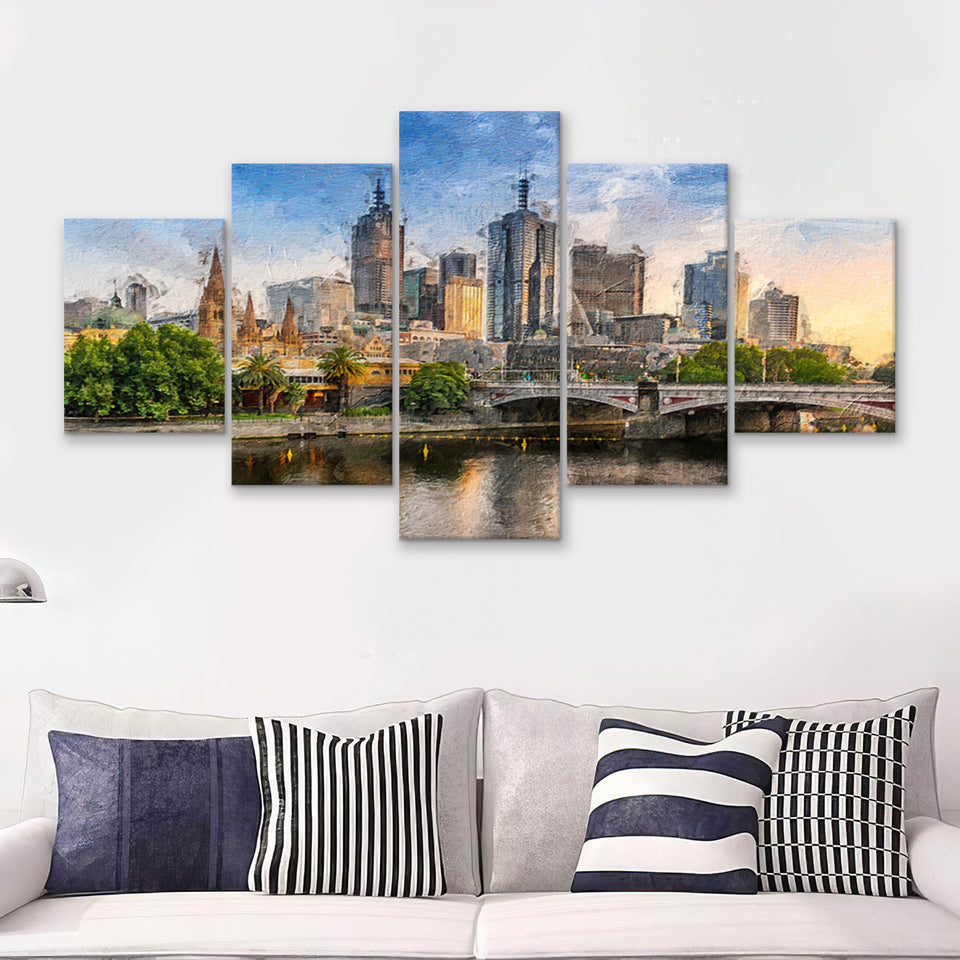 Melbourne Skyline 5 Piece Canvas Prints Wall Art Decor - Painting Canvas, Multi Panels