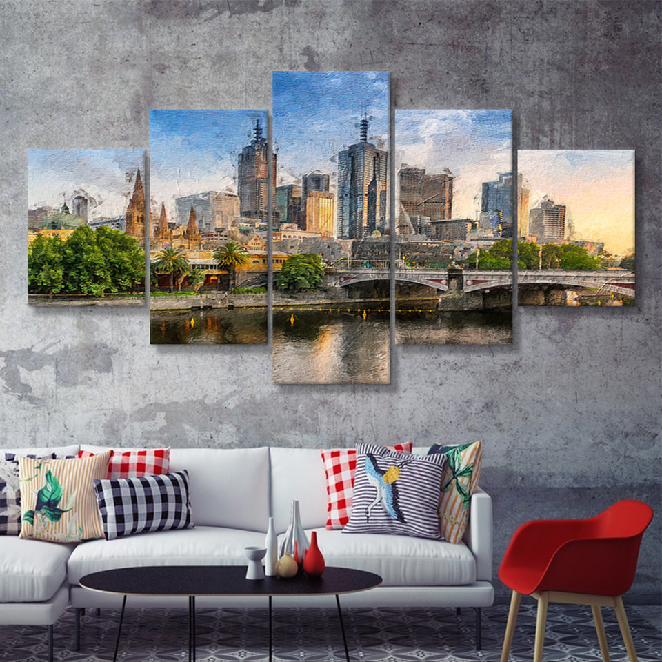 Melbourne Skyline 5 Piece Canvas Prints Wall Art Decor - Painting Canvas, Multi Panels
