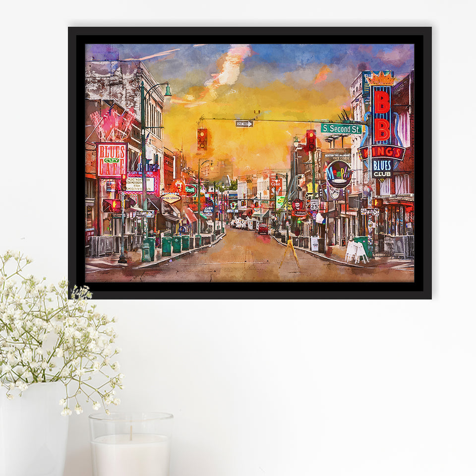 Memphis Tennessee Blues City Art Watercolor Framed Canvas Prints Wall Art Home Decor,Floating Frame