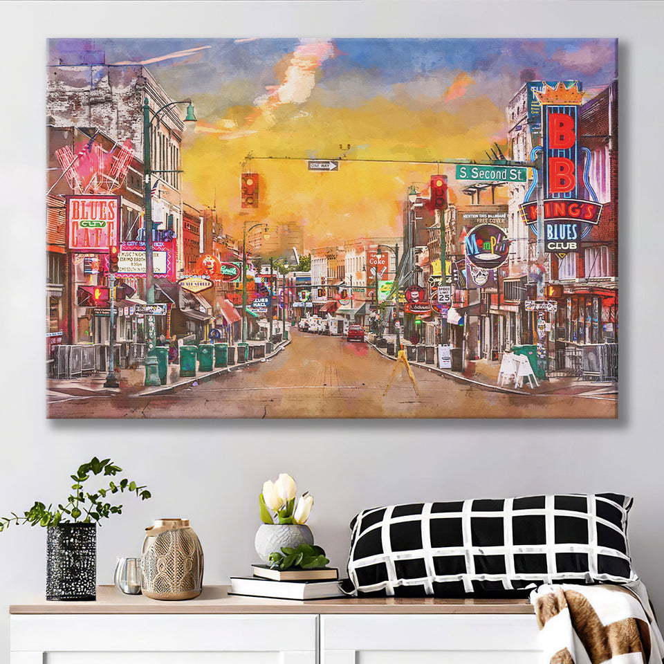 Memphis Tennessee Blues City Art Watercolor Canvas Prints Wall Art Home Decor, Large Canvas