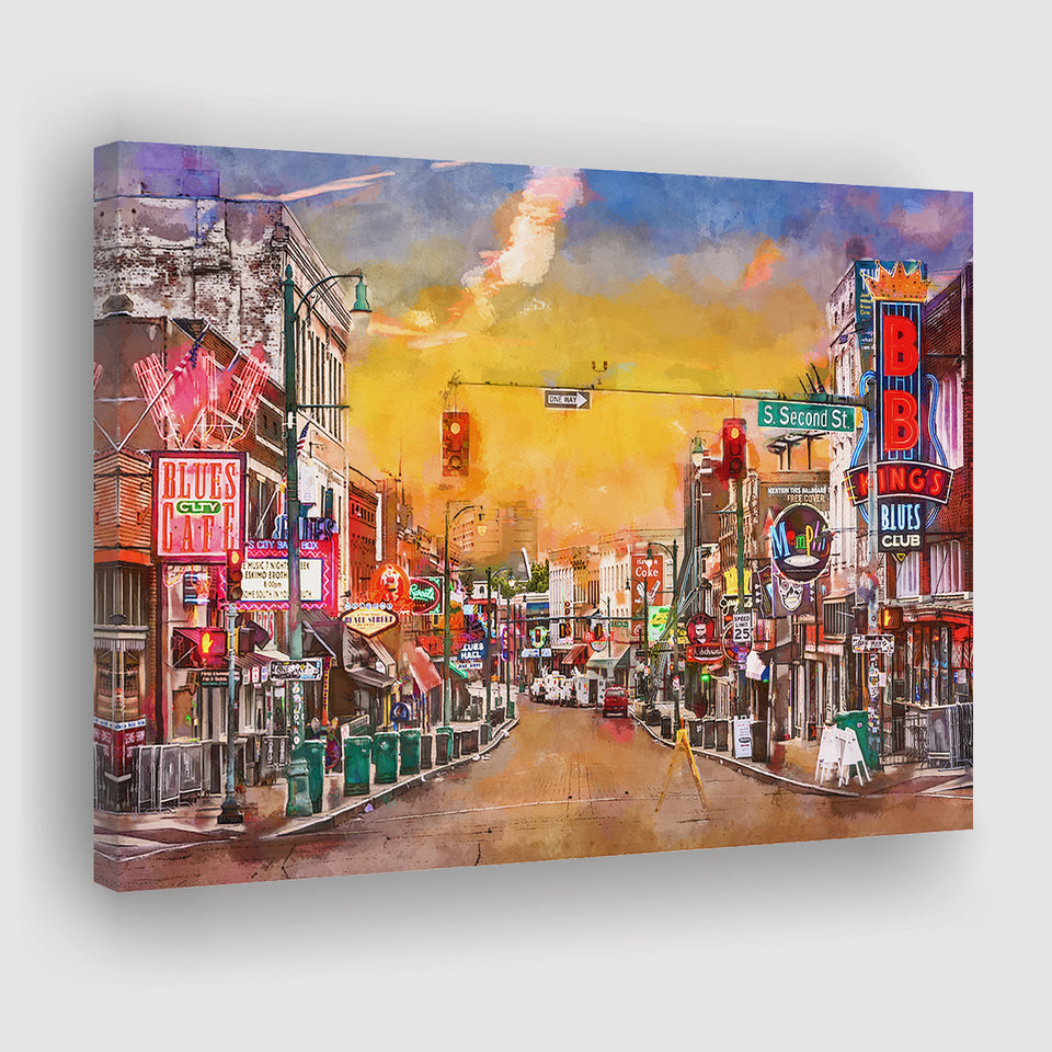 Memphis Tennessee Blues City Art Watercolor Canvas Prints Wall Art Home Decor, Large Canvas