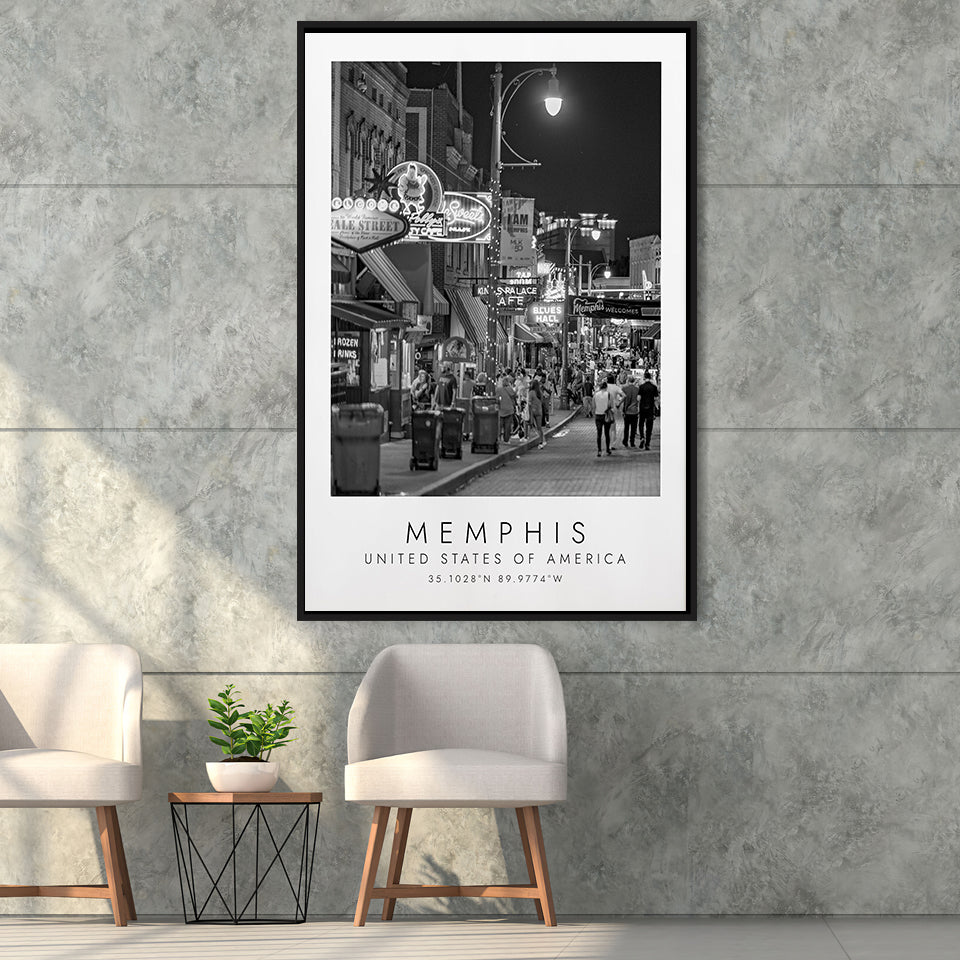 Memphis, Usa 1 Black And White Art Framed Canvas Prints Wall Art Home Decor, Floating Frame