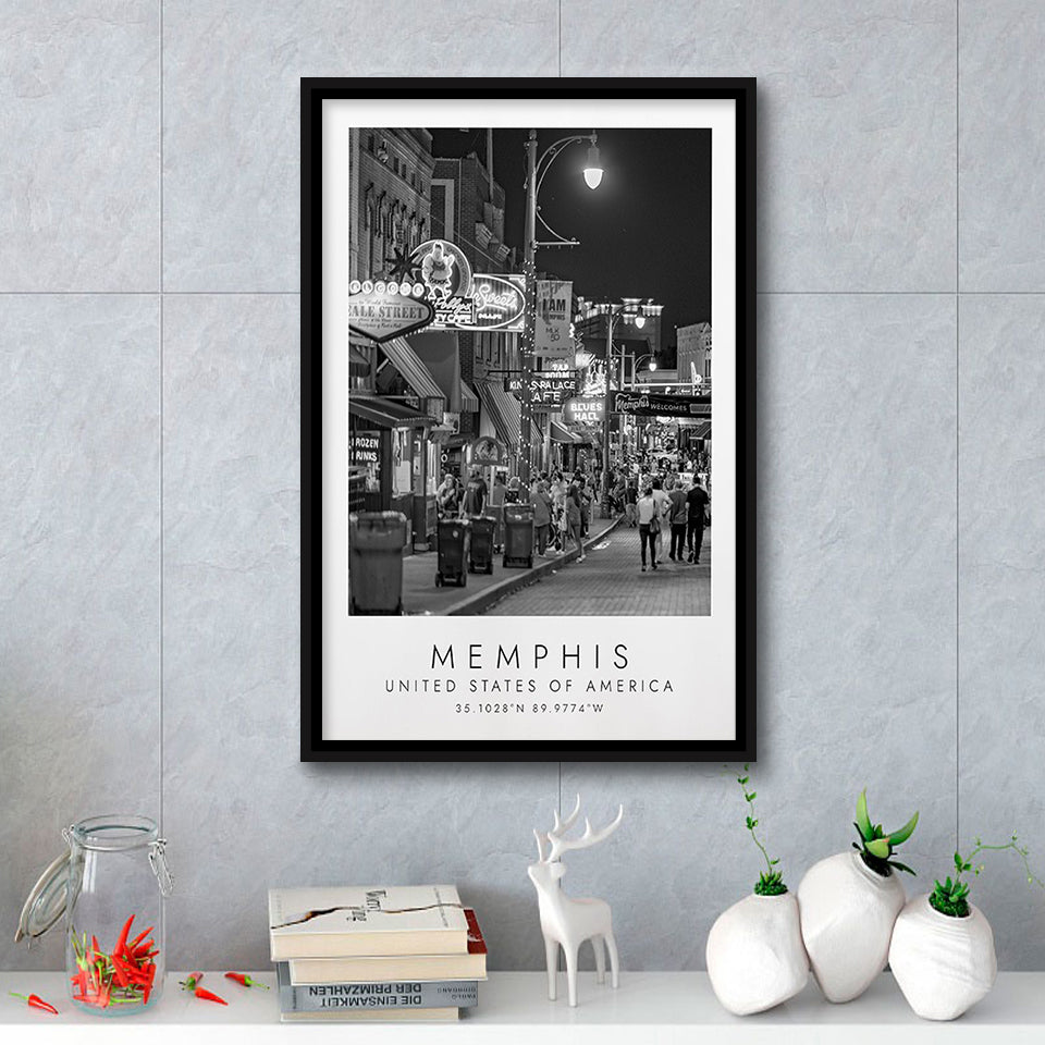 Memphis, Usa 1 Black And White Art Framed Canvas Prints Wall Art Home Decor, Floating Frame