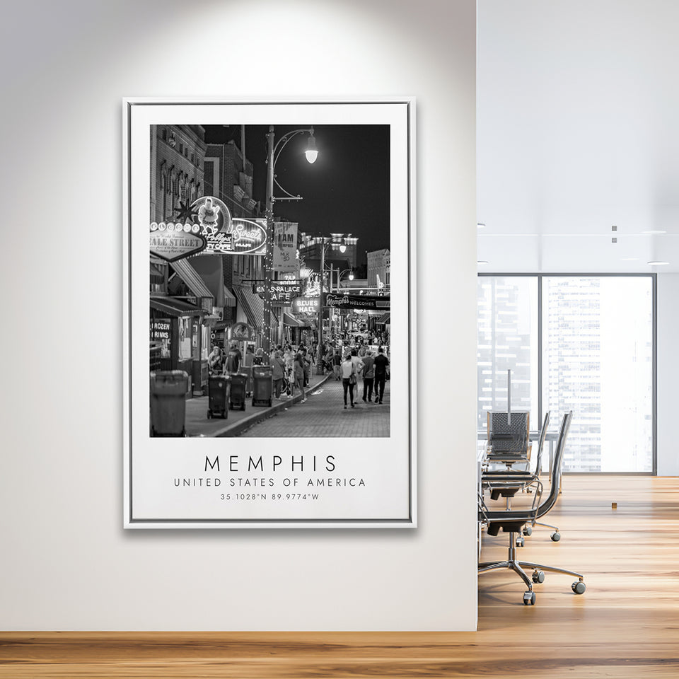 Memphis, Usa 1 Black And White Art Framed Canvas Prints Wall Art Home Decor, Floating Frame