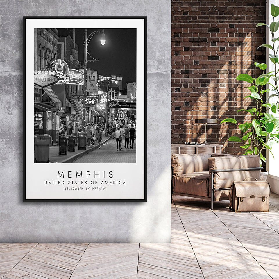 Memphis, Usa 1 Black And White Art Framed Canvas Prints Wall Art Home Decor, Floating Frame