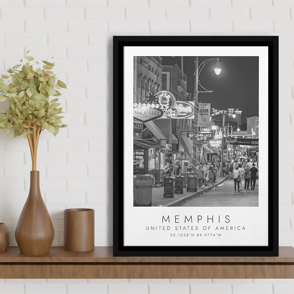 Memphis, Usa 1 Black And White Art Framed Canvas Prints Wall Art Home Decor, Floating Frame