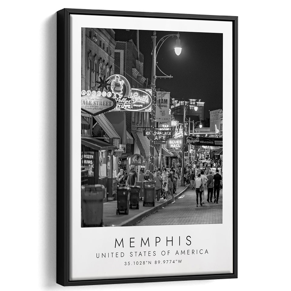 Memphis, Usa 1 Black And White Art Framed Canvas Prints Wall Art Home Decor, Floating Frame