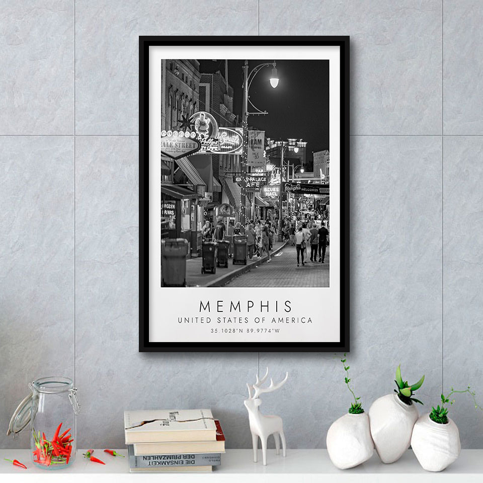Memphis, Usa Black And White Art Framed Canvas Prints Wall Art Home Decor, Floating Frame