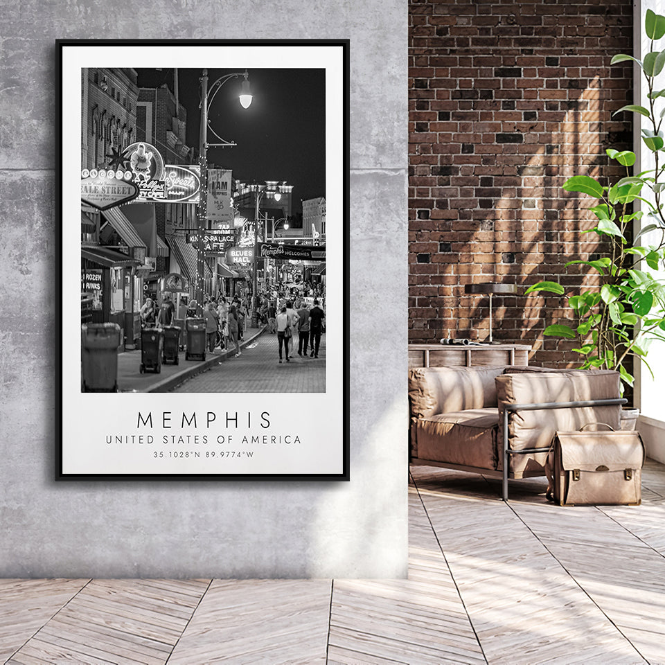 Memphis, Usa Black And White Art Framed Canvas Prints Wall Art Home Decor, Floating Frame