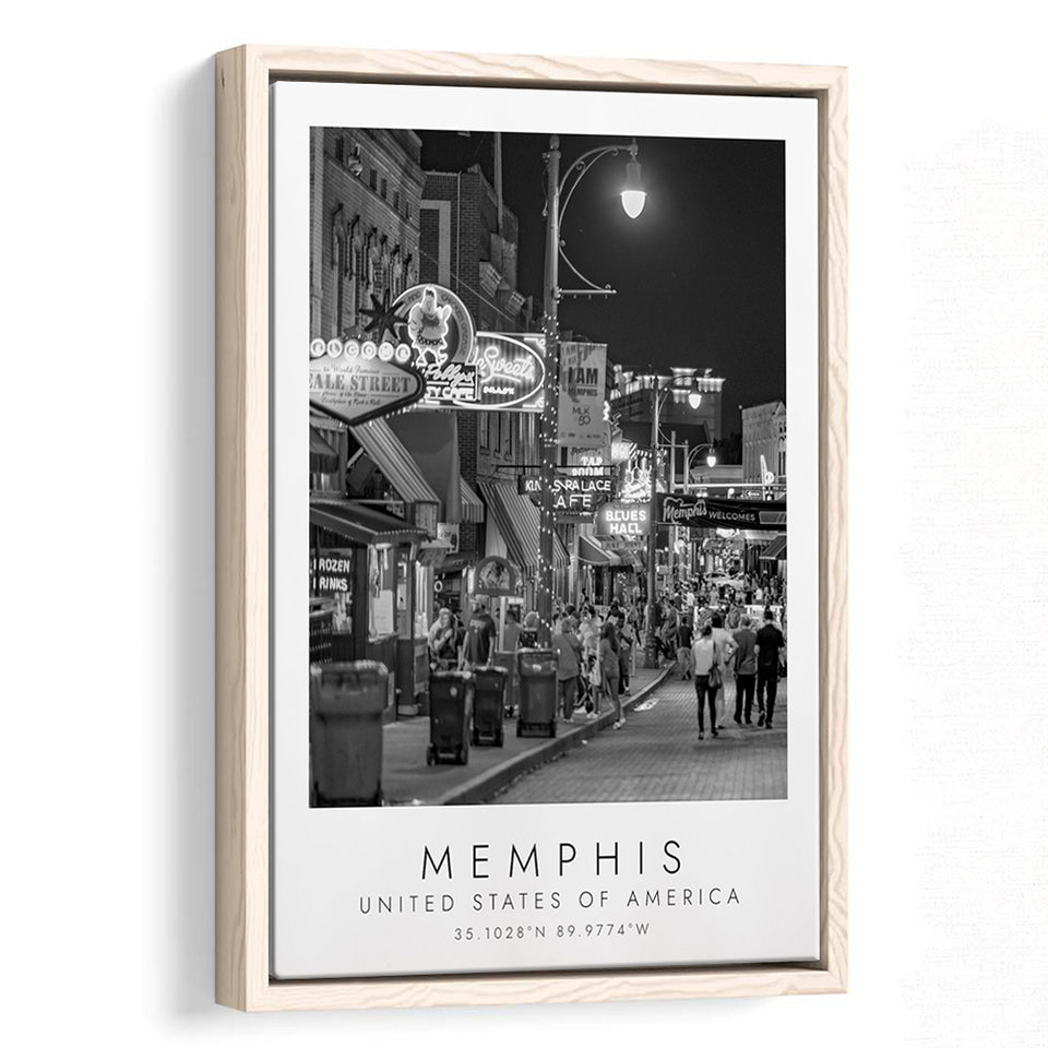 Memphis, Usa Black And White Art Framed Canvas Prints Wall Art Home Decor, Floating Frame