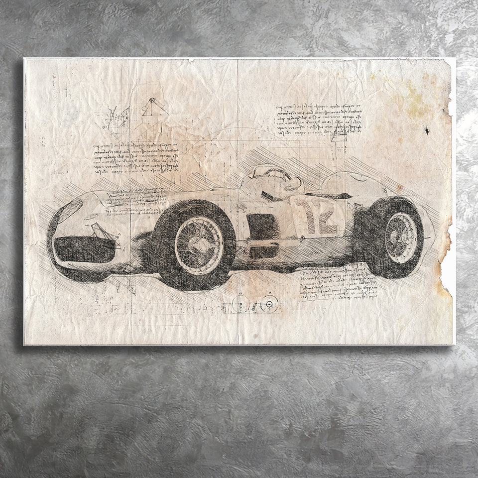 Mer benz w196 1954 Da Vinci Style Canvas Prints - Painting Canvas, Wall Art,Old Car, Prints for Sale,Wal Decor, Home Decor