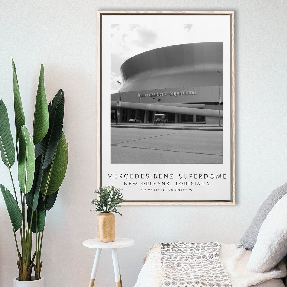 Mercedes-Benz Superdome New Orleans Saints Black And White Art Framed Canvas Prints Wall Art Home Decor, Floating Frame
